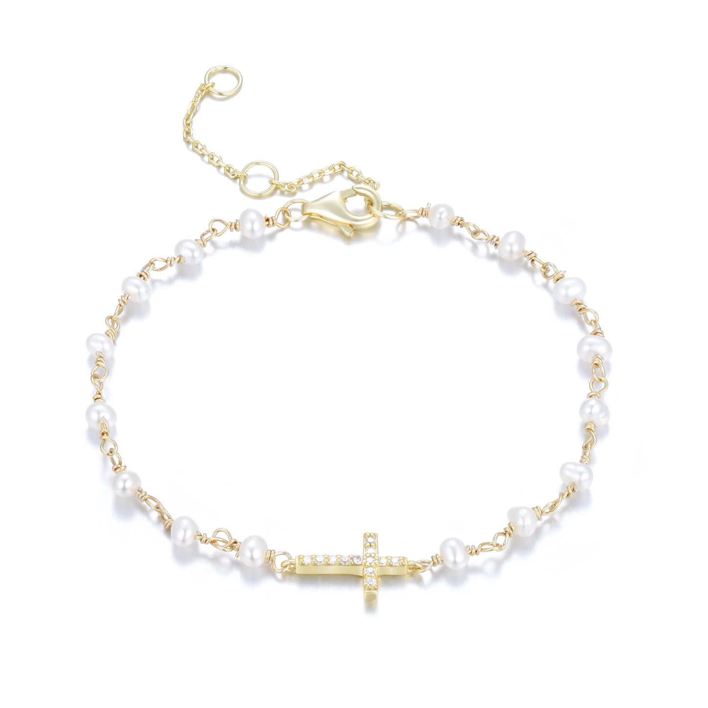 KATERINA CROSS PEARL BEADED GOLD BRACELET