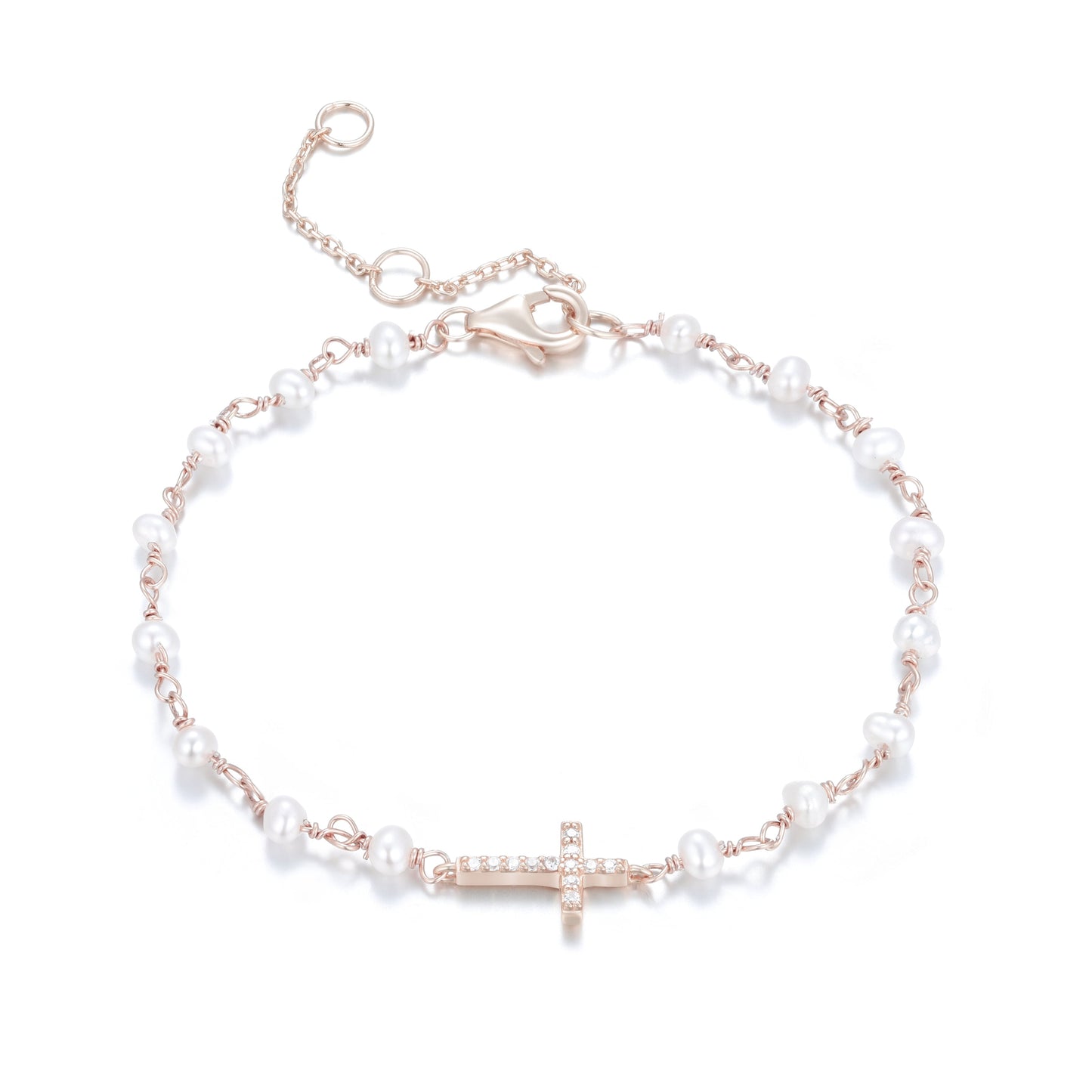 KATERINA CROSS PEARL BEADED ROSE GOLD BRACELET