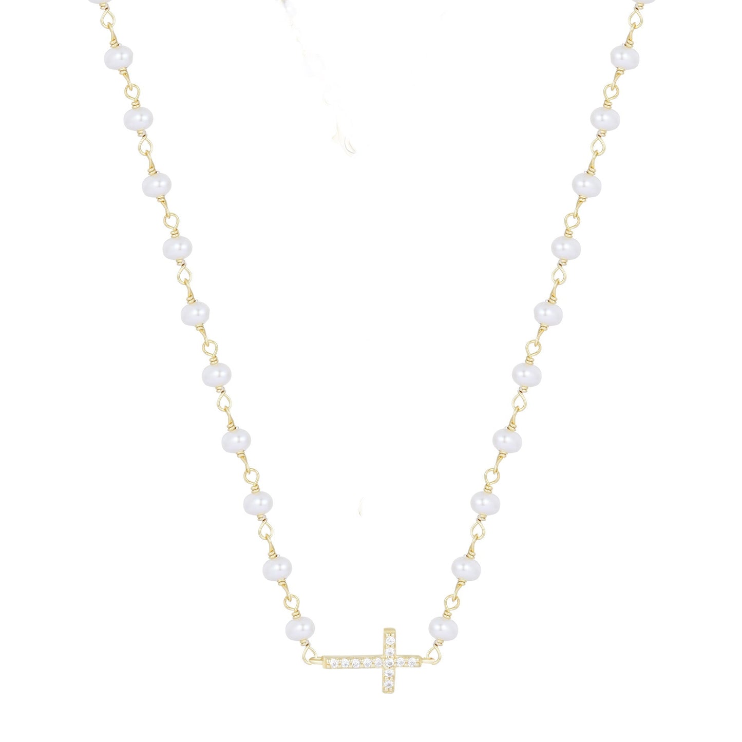 KATERINA CROSS PEARL BEADED GOLD NECKLACE