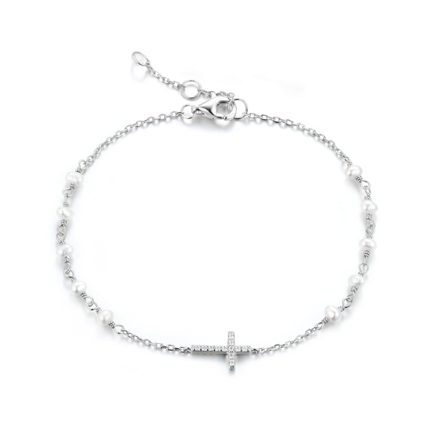 GABRIELLA CROSS PEARL BEADED SILVER BRACELET