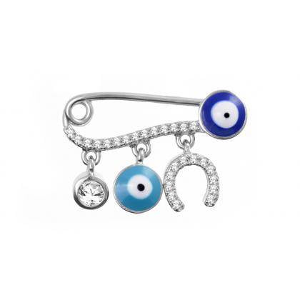 Evil eye baby pin with horseshoe charm