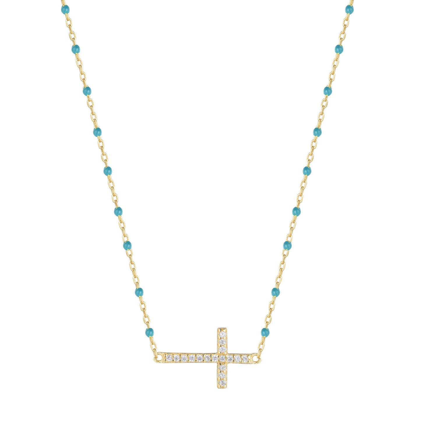 VANESSA CROSS BLUE BEADED GOLD NECKLACE