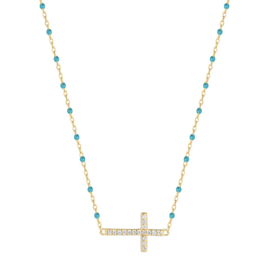 VANESSA CROSS BLUE BEADED GOLD NECKLACE