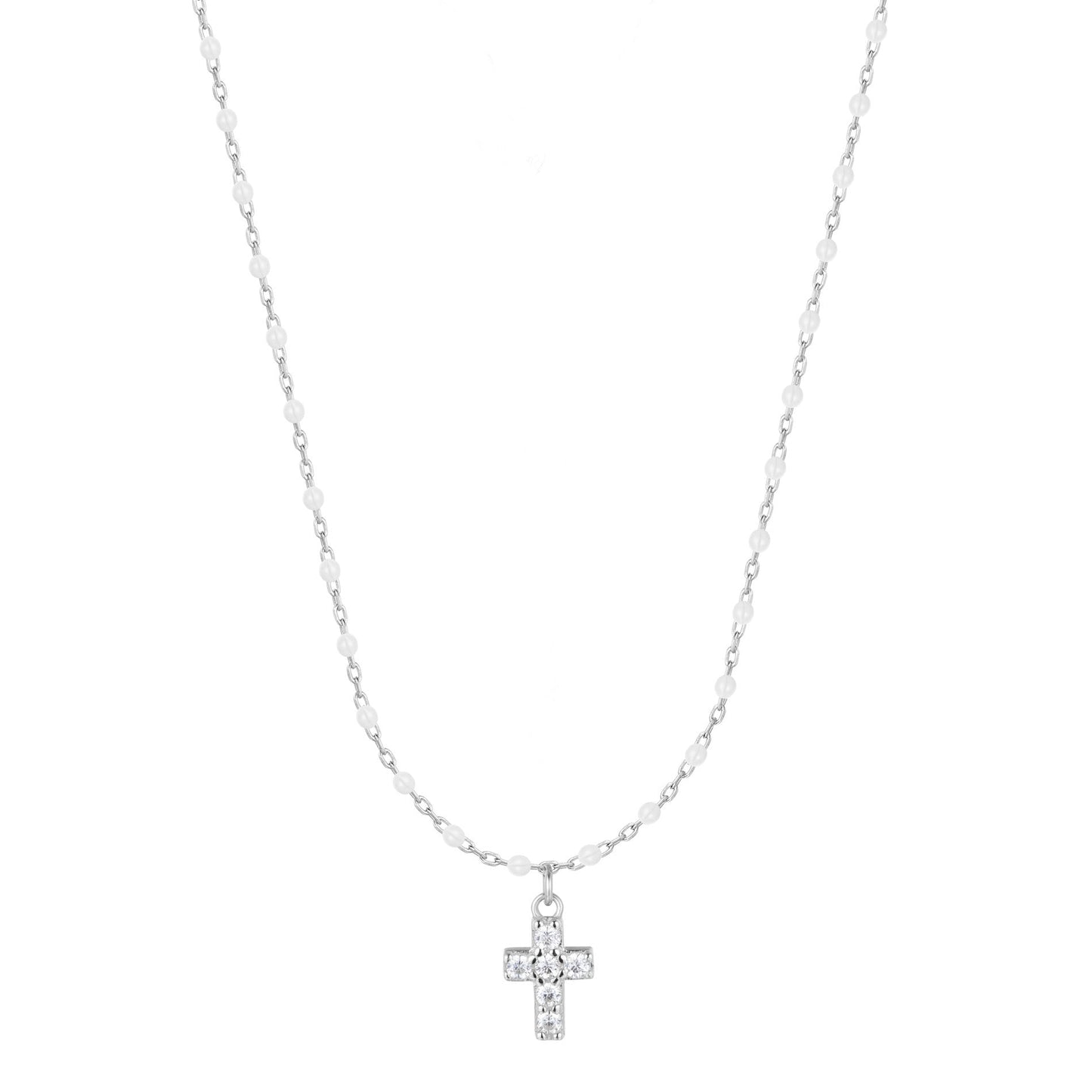 AMARI MINI CROSS WHITE BEADED SILVER NECKLACE