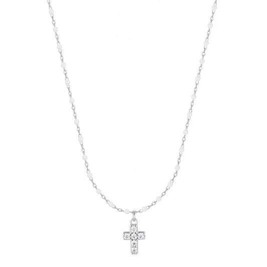 AMARI MINI CROSS WHITE BEADED SILVER NECKLACE