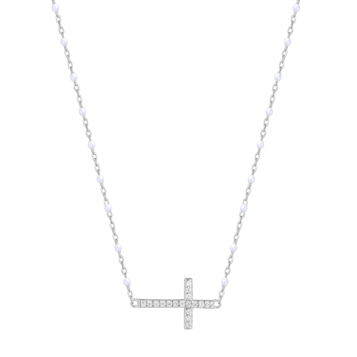 VANESSA CROSS WHITE BEADED SILVER NECKLACE
