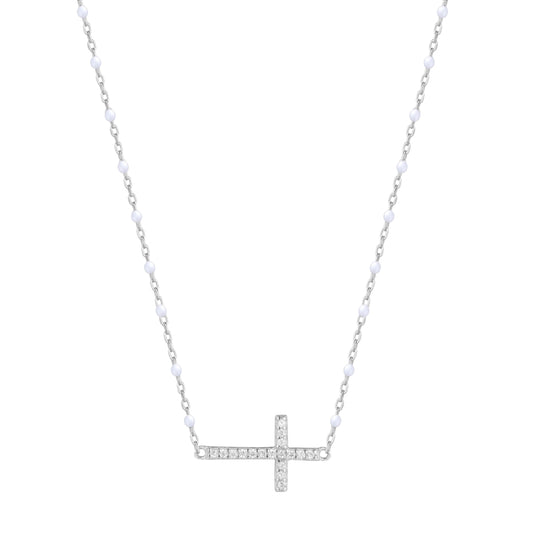 VANESSA CROSS WHITE BEADED SILVER NECKLACE