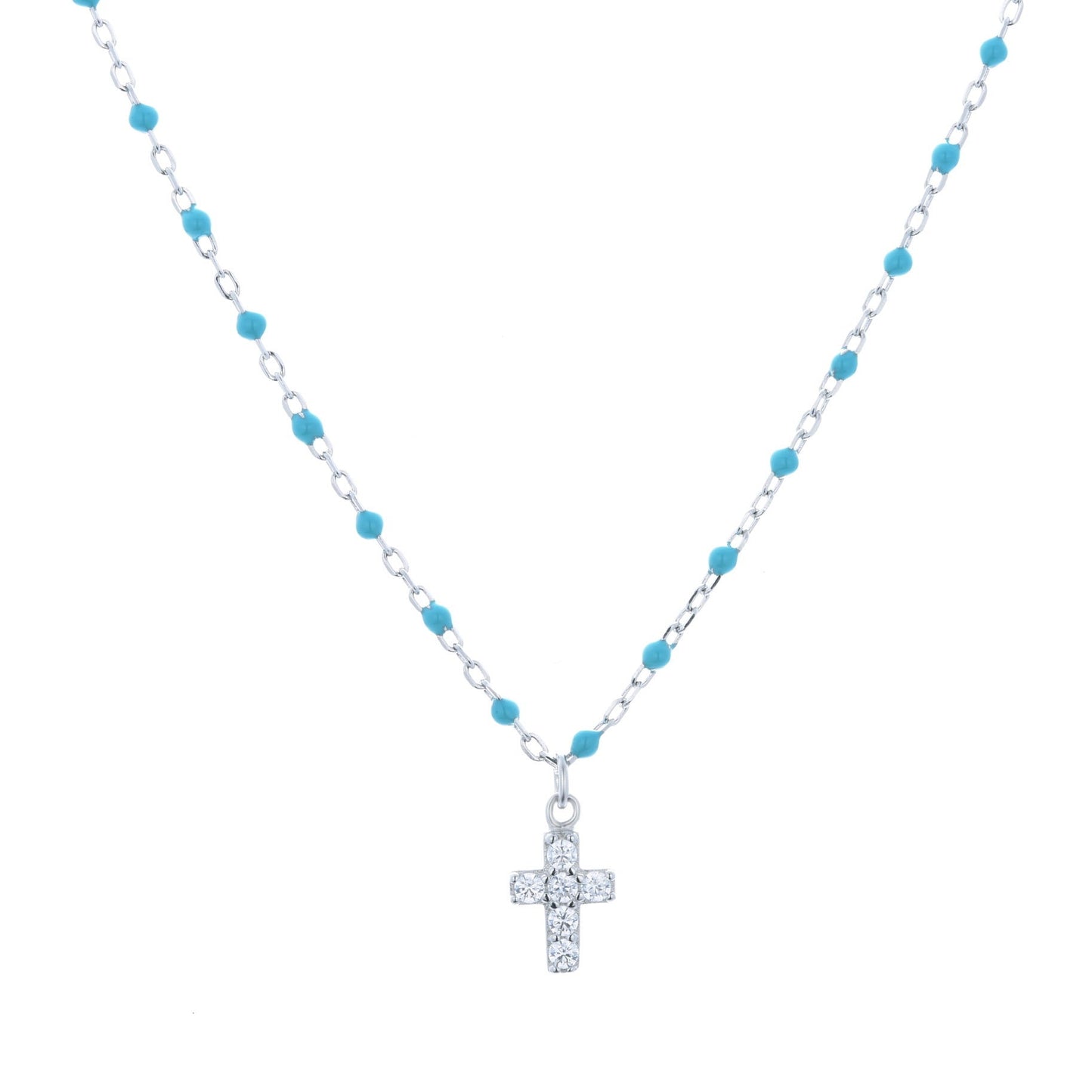 AMARI MINI CROSS BLUE BEADED SILVER NECKLACE
