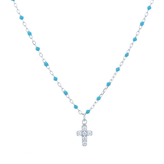 AMARI MINI CROSS BLUE BEADED SILVER NECKLACE