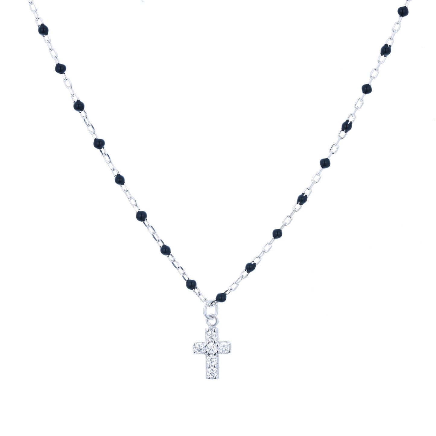 AMARI MINI CROSS BLACK BEADED SILVER NECKLACE