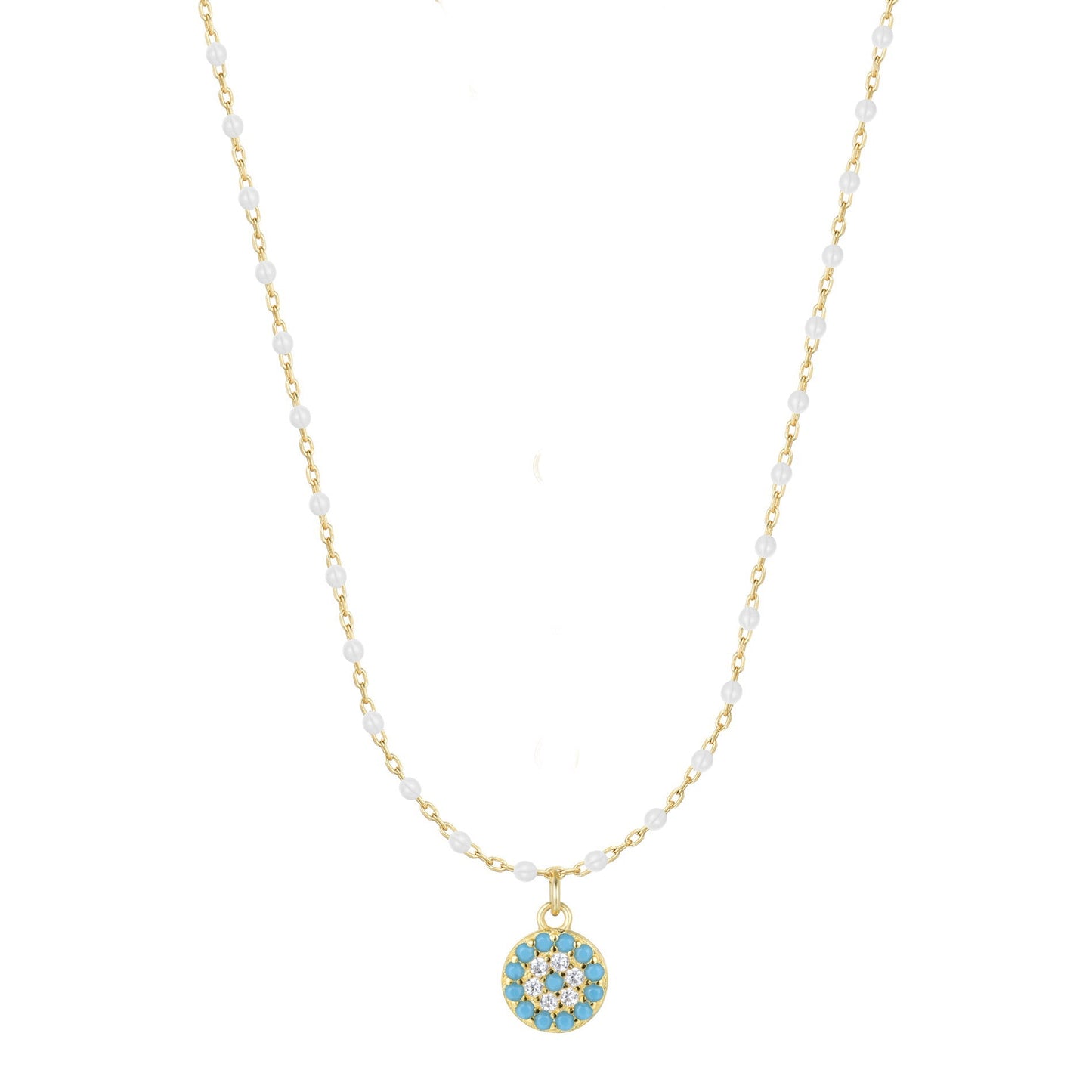 MELINA MINI EVIL EYE WHITE BEADED GOLD NECKLACE
