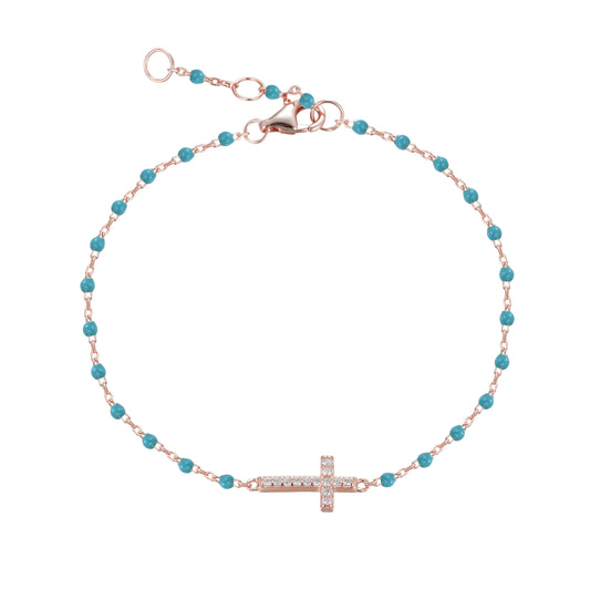 VANESSA CROSS BLUE BEADED ROSE GOLD BRACELET