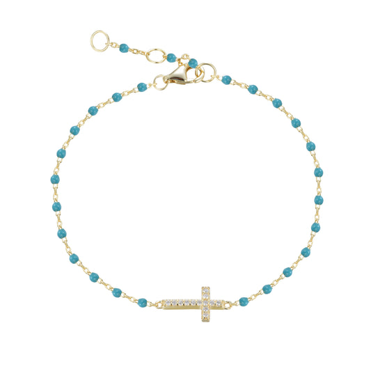 VANESSA CROSS BLUE BEADED GOLD BRACELET