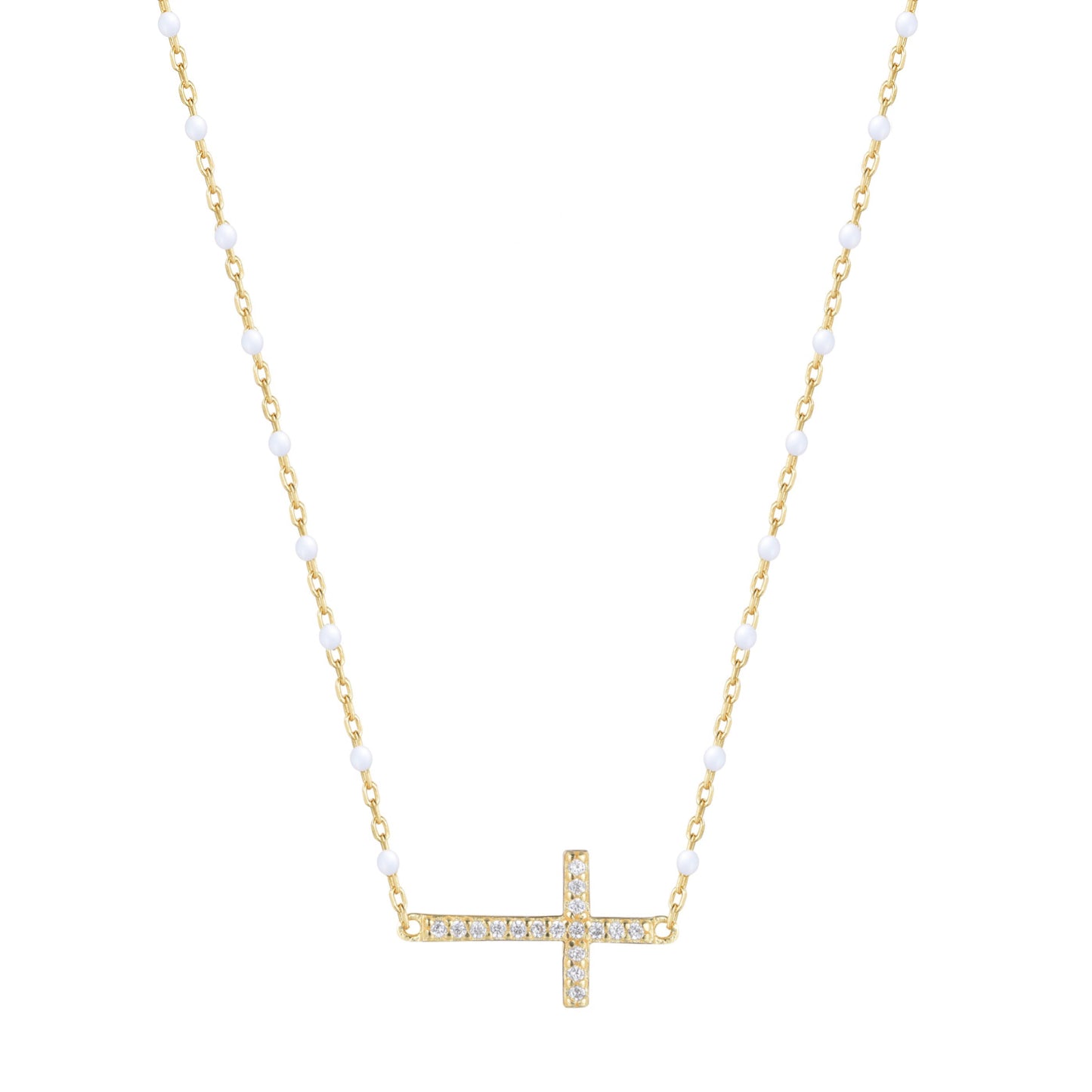 VANESSA CROSS WHITE BEADED GOLD NECKLACE
