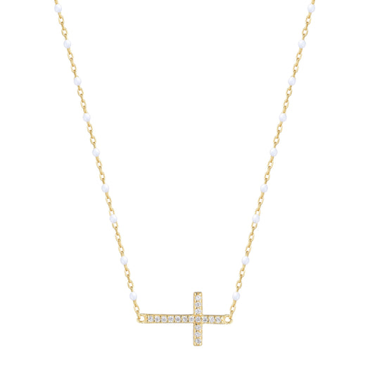 VANESSA CROSS WHITE BEADED GOLD NECKLACE
