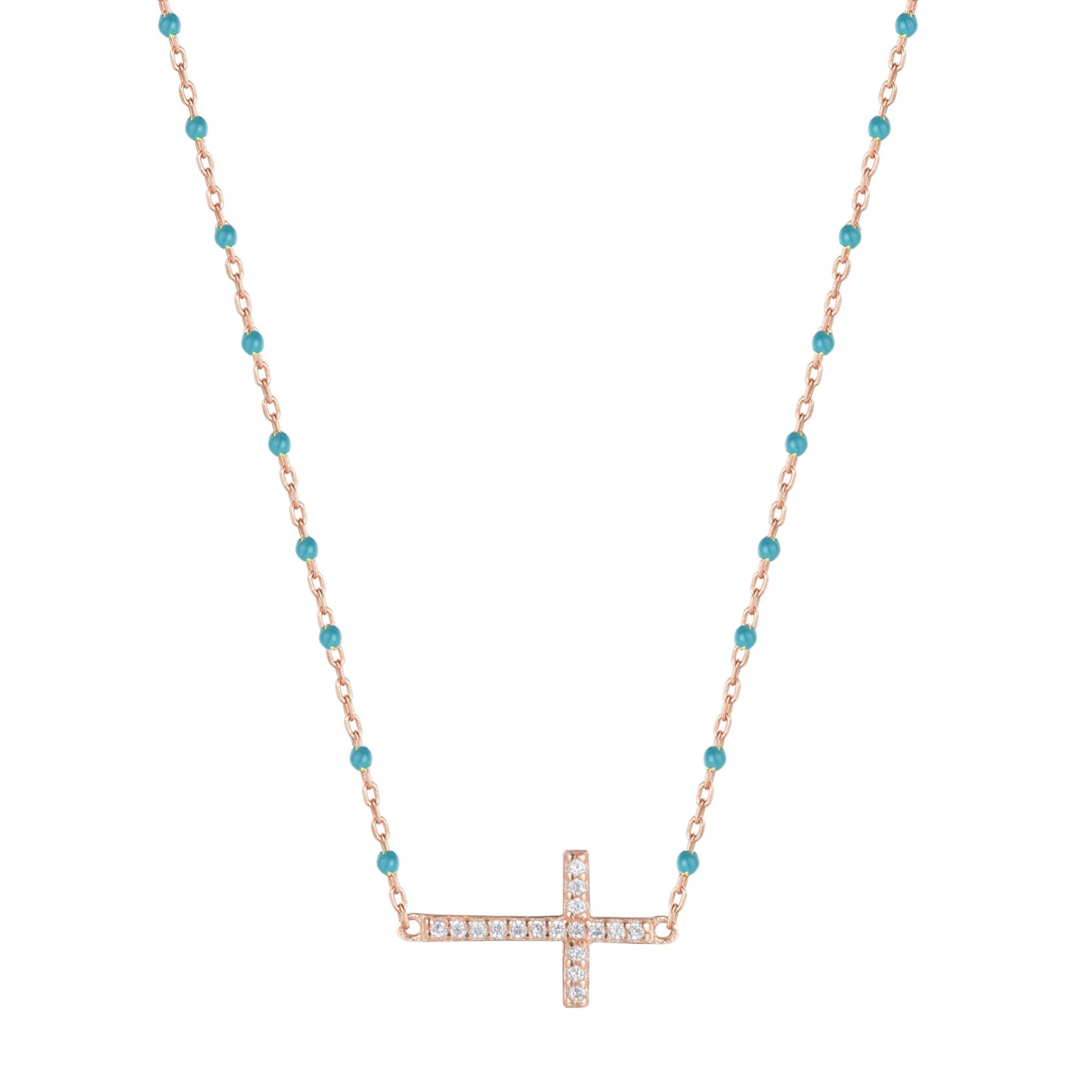 VANESSA CROSS BLUE BEADED ROSE GOLD NECKLACE