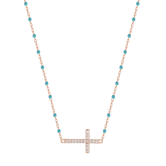 VANESSA CROSS BLUE BEADED ROSE GOLD NECKLACE