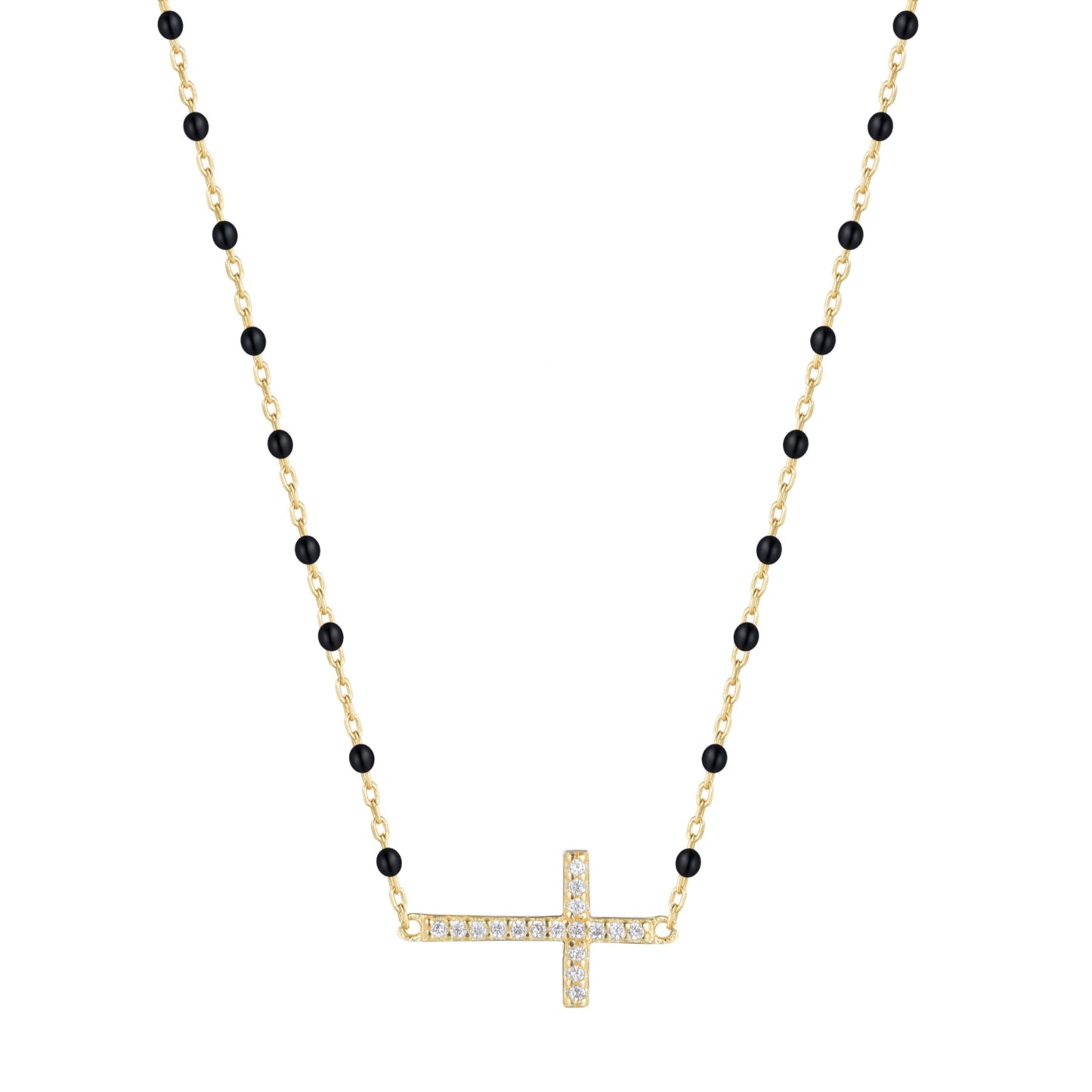 VANESSA CROSS BLACK BEADED GOLD NECKLACE
