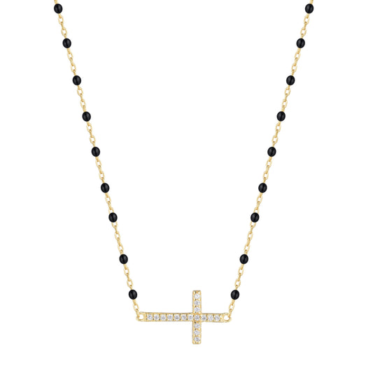 VANESSA CROSS BLACK BEADED GOLD NECKLACE