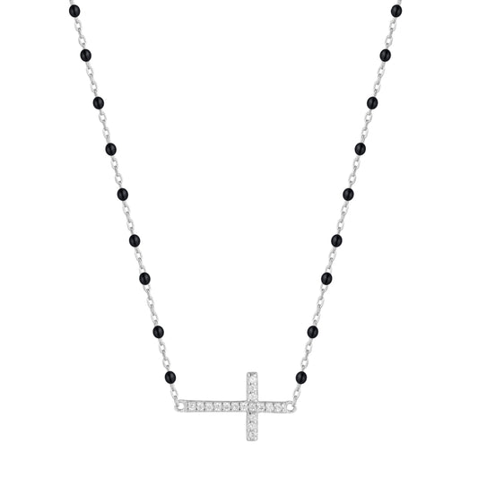 VANESSA CROSS BLACK BEADED SILVER NECKLACE