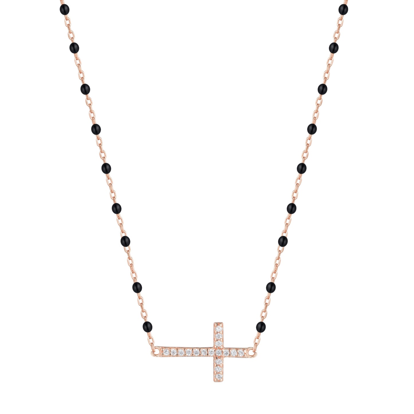VANESSA CROSS BLACK BEADED ROSE GOLD NECKLACE