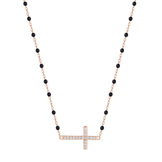 VANESSA CROSS BLACK BEADED ROSE GOLD NECKLACE