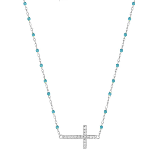 VANESSA CROSS BLUE BEADED SILVER NECKLACE