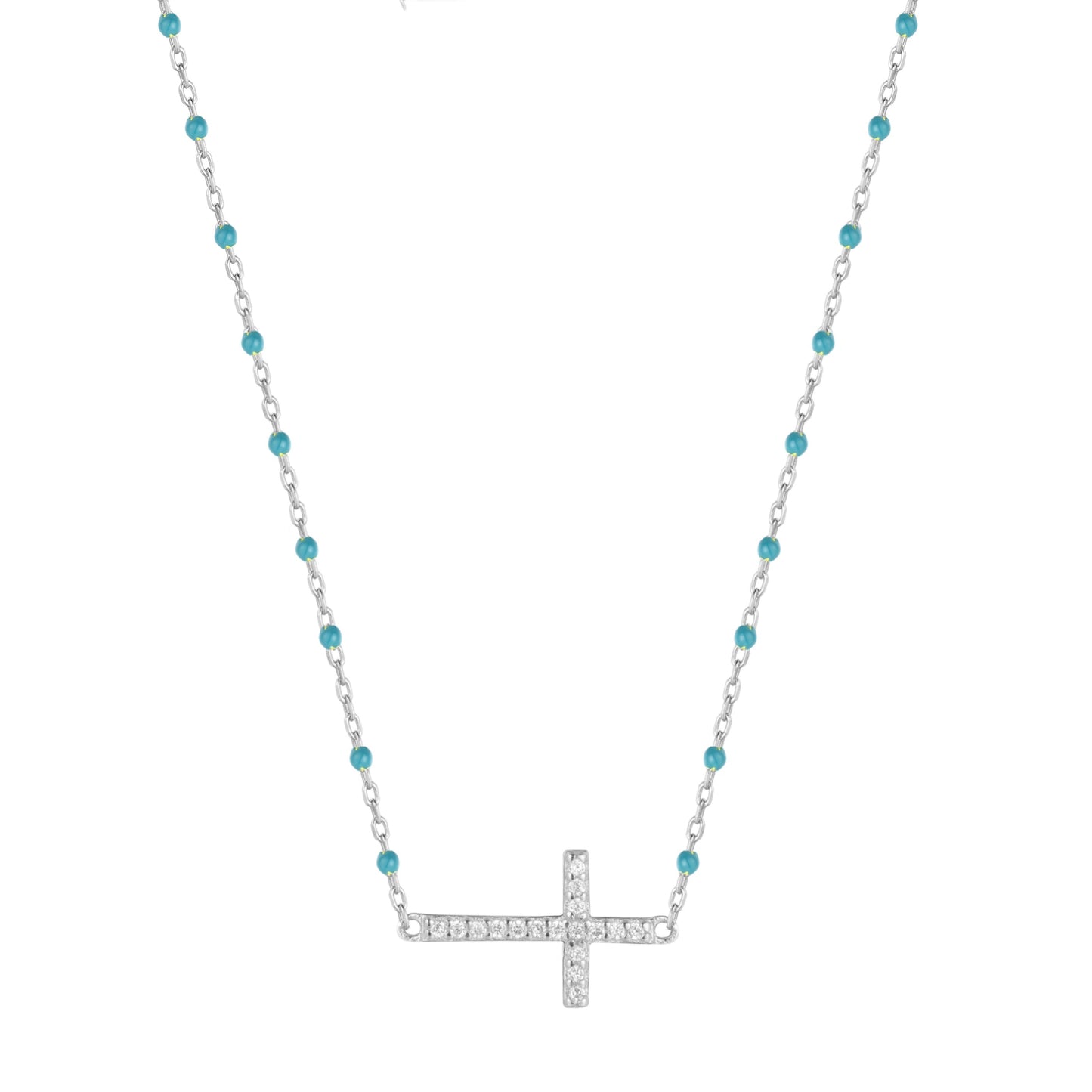 VANESSA CROSS BLUE BEADED SILVER NECKLACE