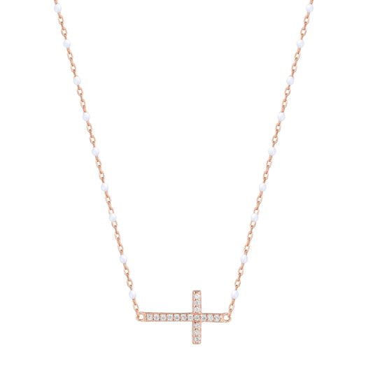 VANESSA CROSS WHITE BEADED ROSE GOLD NECKLACE