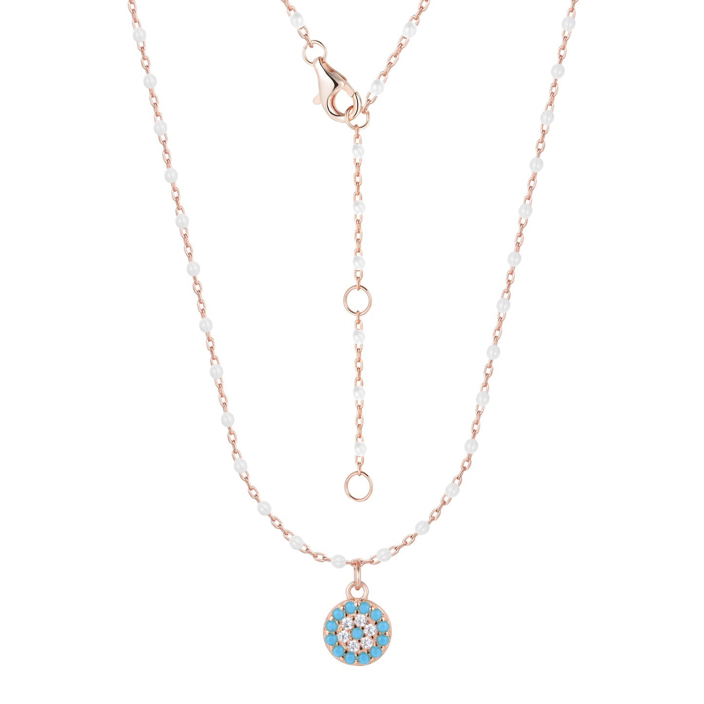 MELINA MINI EVIL EYE WHITE BEADED ROSE GOLD NECKLACE