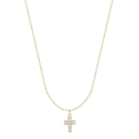 AMARI MINI CROSS WHITE BEADED GOLD NECKLACE