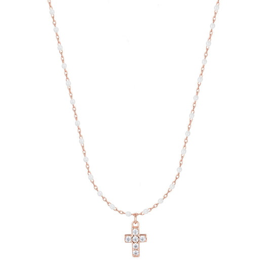 AMARI MINI CROSS WHITE BEADED ROSE GOLD NECKLACE