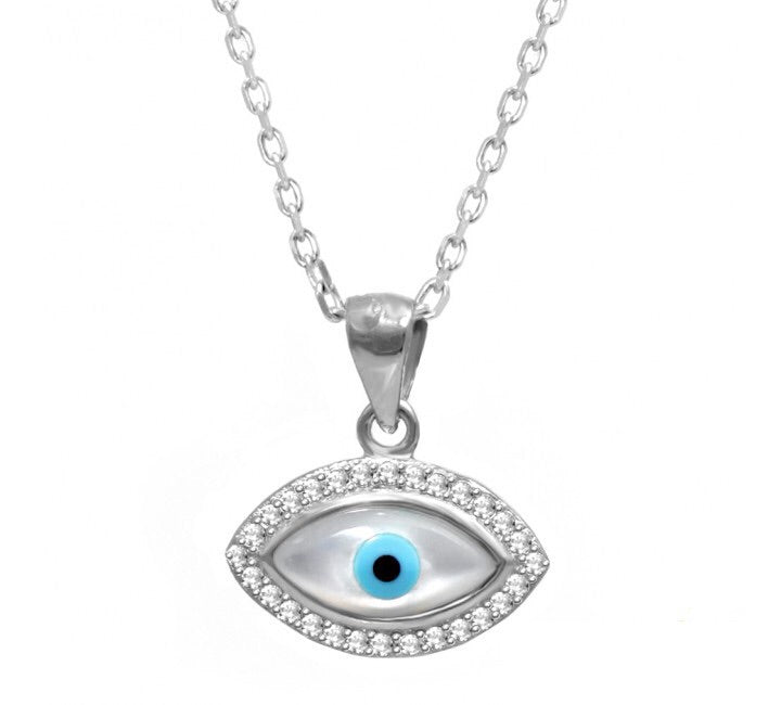 mother of pearl evil eye silver necklace