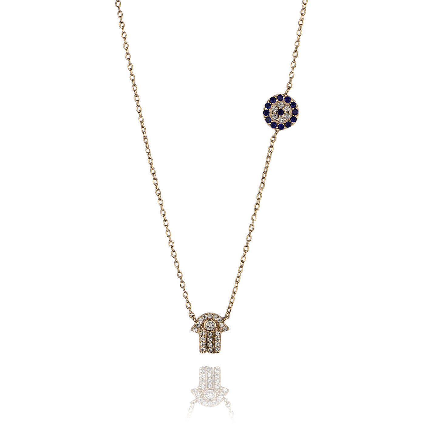 hamsa and evil eye rose gold necklace