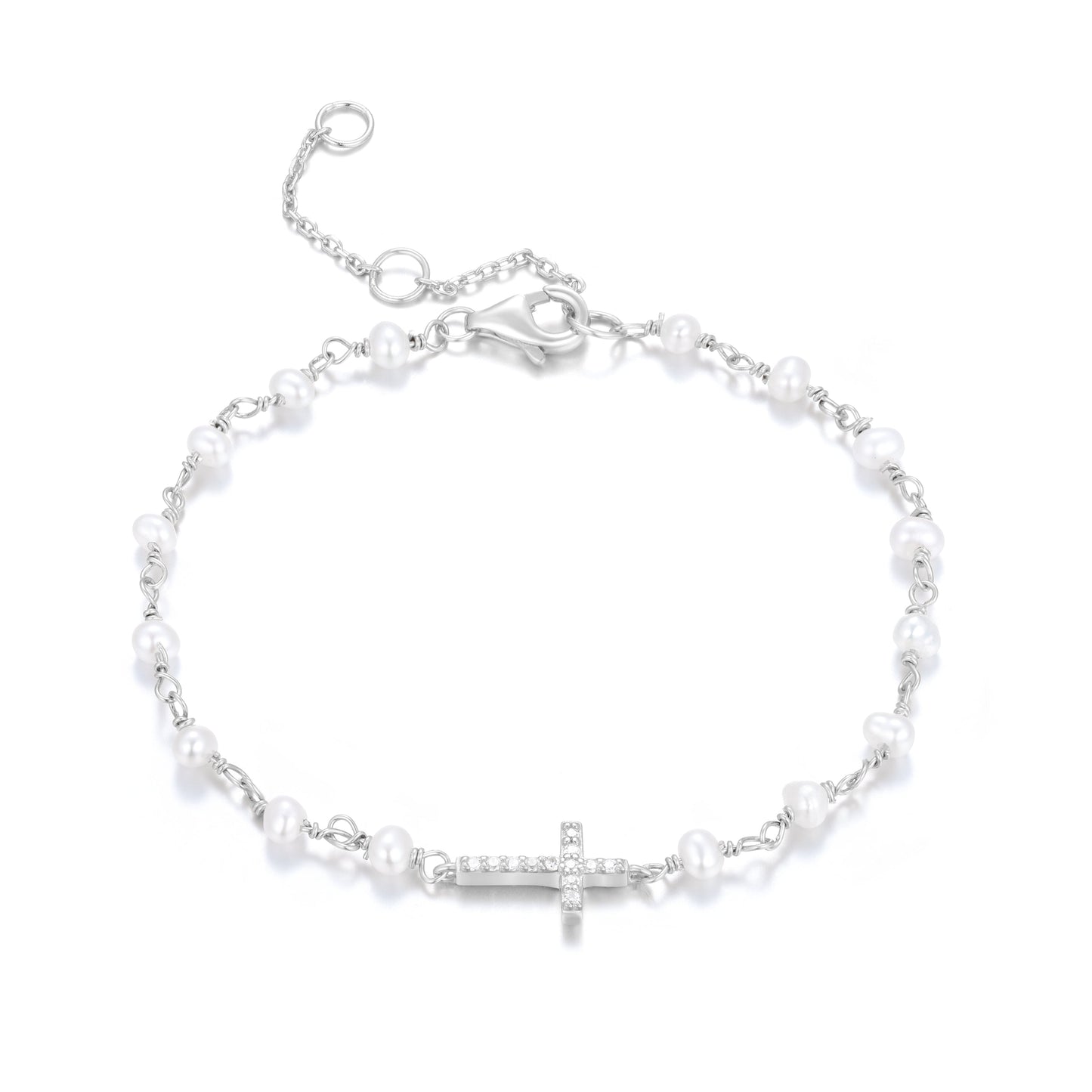 KATERINA CROSS PEARL BEADED SILVER BRACELET
