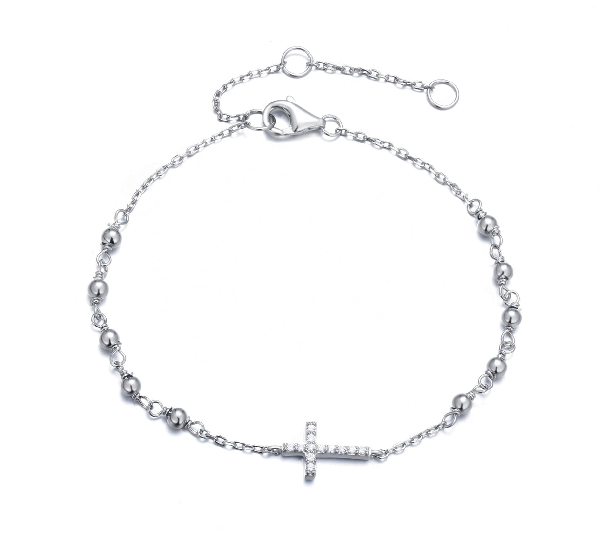 EVA CRYSTAL ROSARY CROSS SILVER BRACELET