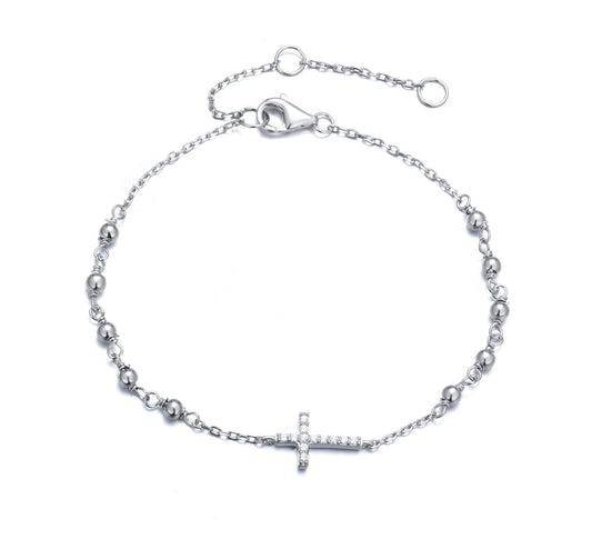 EVA CRYSTAL ROSARY CROSS SILVER BRACELET