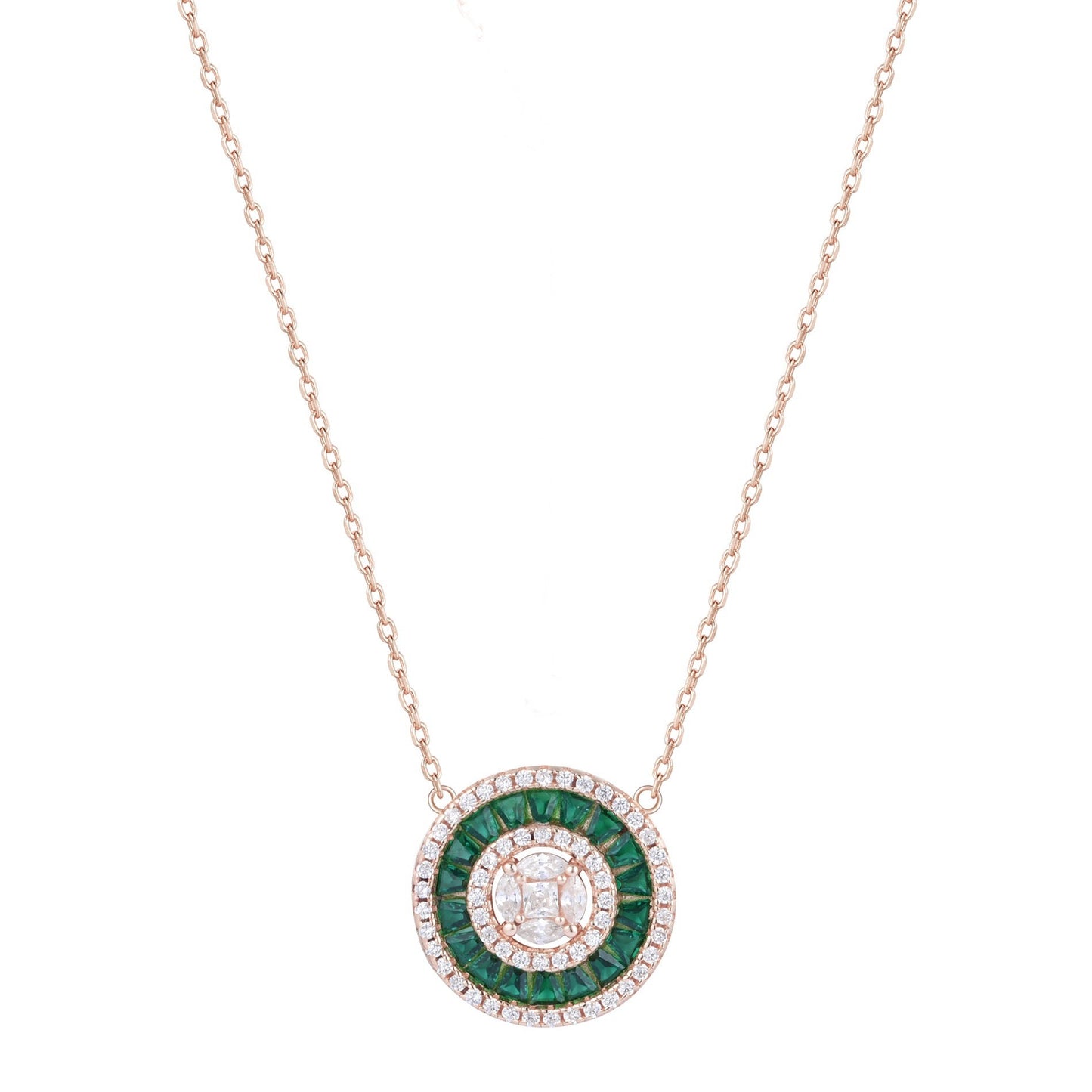 CHARLI EMERALD BAGUETTE ROUND ROSE GOLD NECKLACE