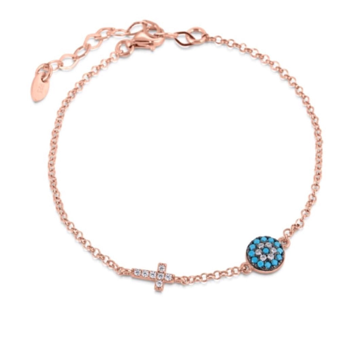 evil eye and cross turquoise rose gold bracelet