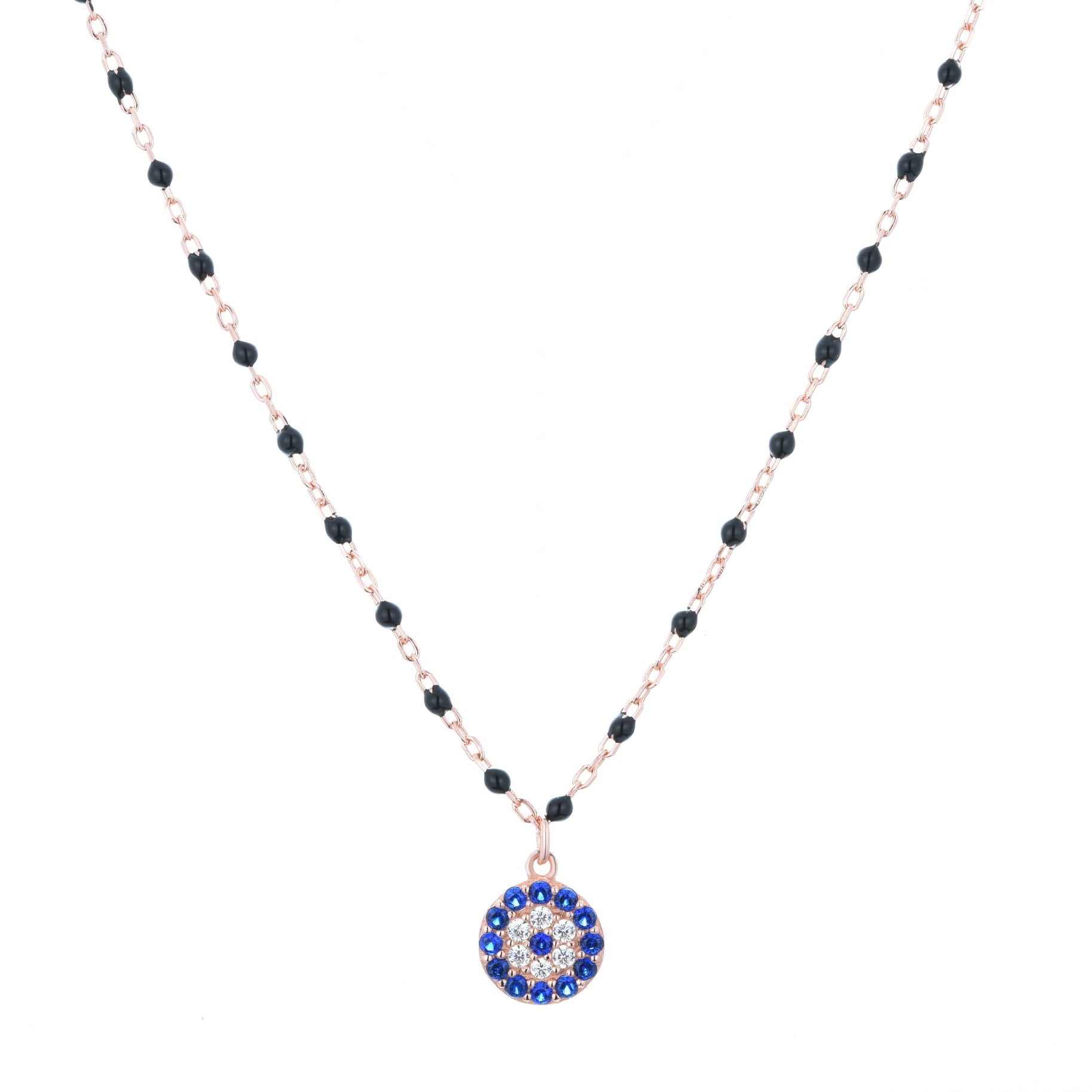 mini evil eye black beaded rose gold necklace