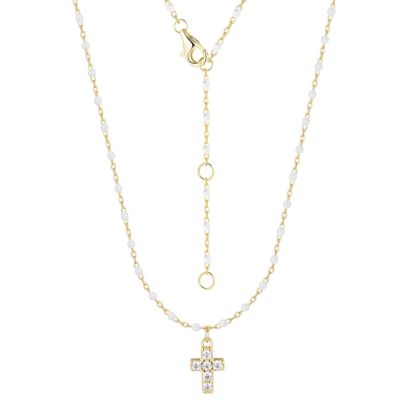 AMARI MINI CROSS WHITE BEADED GOLD NECKLACE