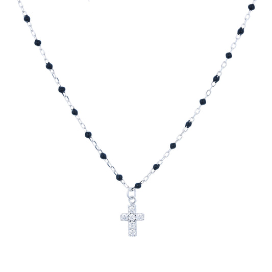 AMARI MINI CROSS BLACK BEADED SILVER NECKLACE