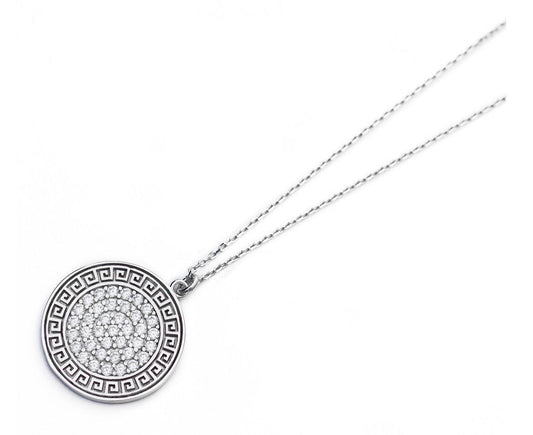 greek meander crystal silver necklace 