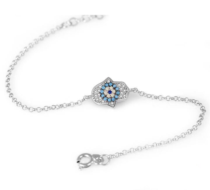 LUCKY HAMSA AND EVIL EYE SILVER BRACELET